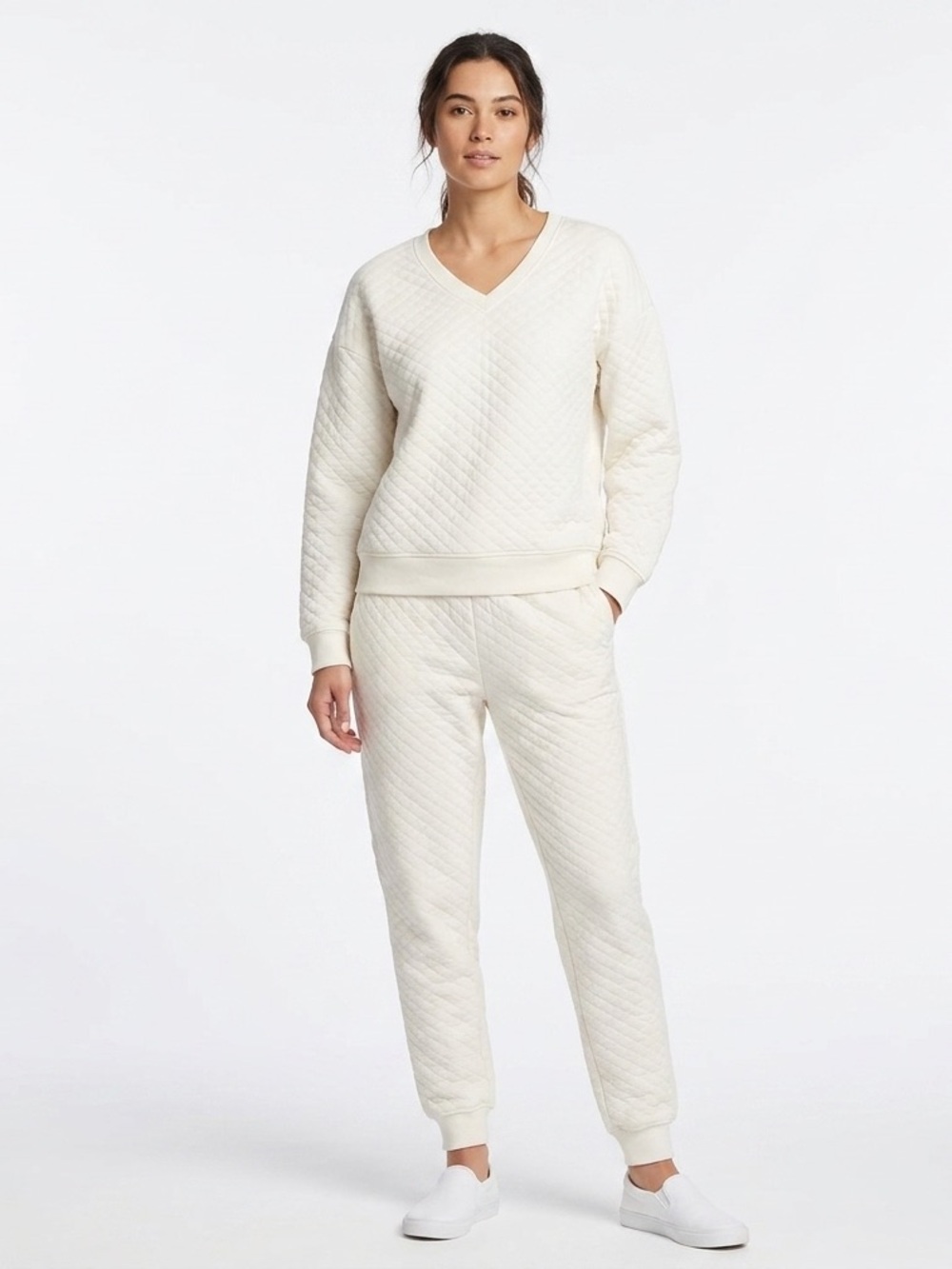 Lands End Cozy Cream Quilted 2 Piece Loungewear Set Indie Boho Elevated Basics